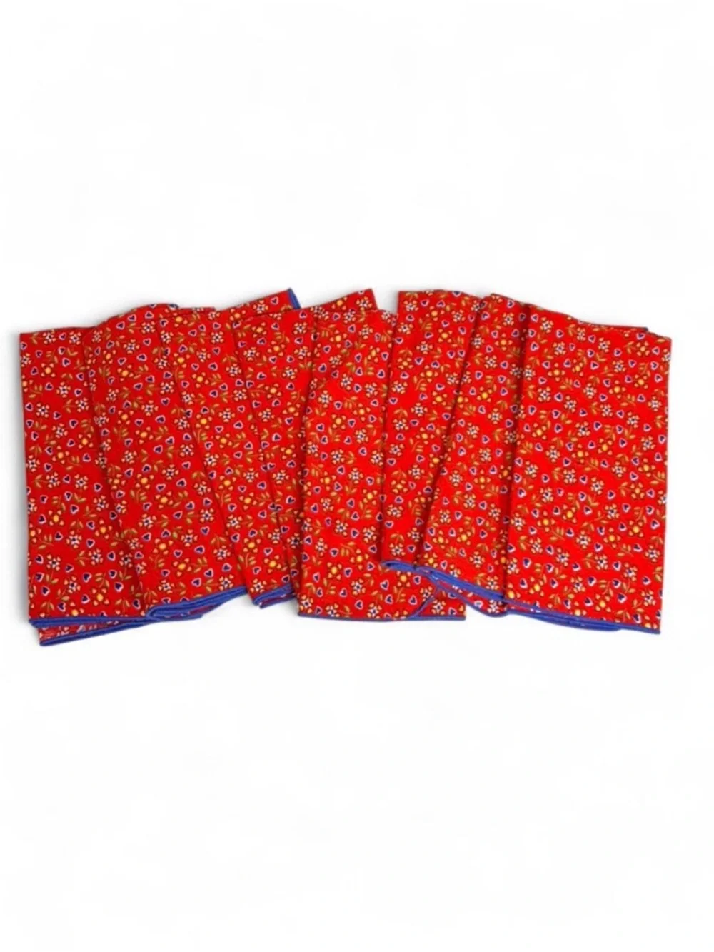 VTG Set of 8 Red Floral‎ Cloth Napkins Blue Trim Hearts Cottagecore Tomato Girl